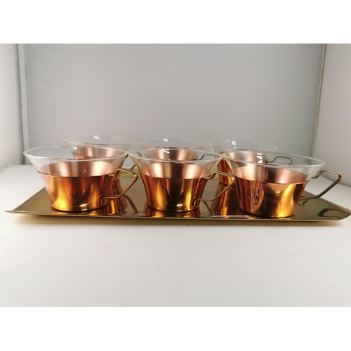 179 - Vintage Retro Jena Glass Coffee Set In Copper Holders On A Matching Jena Brass Tray Schott & Gen Mai... 