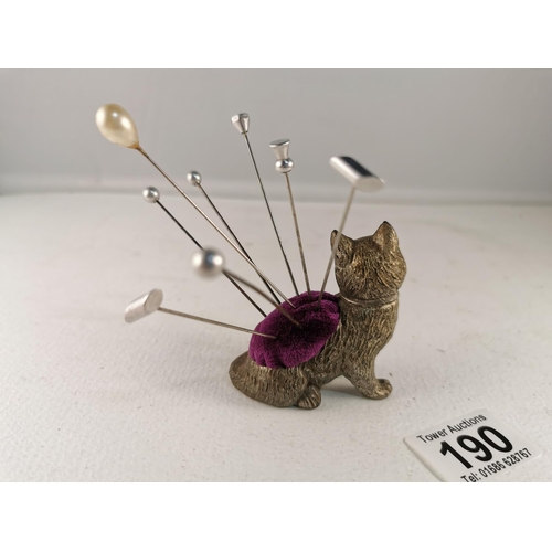 190 - Cat Formed Pin Cushion Containing A Quantity Of Pins