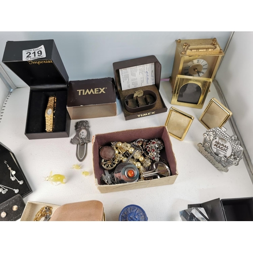 219 - Quantity Of Assorted Trinkets And Jewellery Inc Wescot Travel Alarm Clock Watches Etc