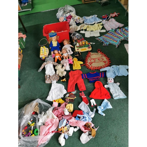 22 - Large Job Lot Of Kids Dolls Teddies And Accessories & Two Bags Full Of Handmade Knitted Dolls Clothe... 