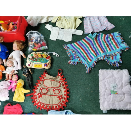 22 - Large Job Lot Of Kids Dolls Teddies And Accessories & Two Bags Full Of Handmade Knitted Dolls Clothe... 