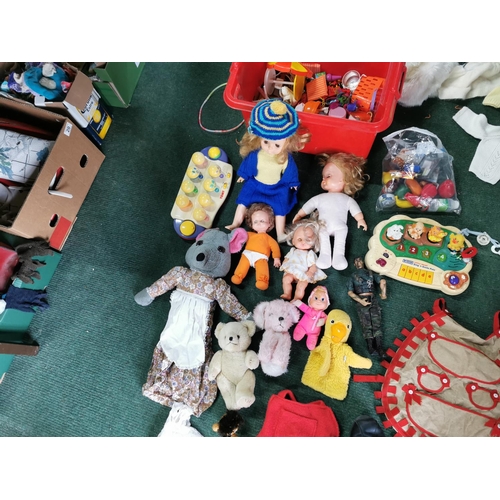 22 - Large Job Lot Of Kids Dolls Teddies And Accessories & Two Bags Full Of Handmade Knitted Dolls Clothe... 