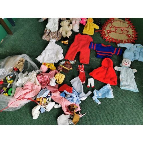 22 - Large Job Lot Of Kids Dolls Teddies And Accessories & Two Bags Full Of Handmade Knitted Dolls Clothe... 