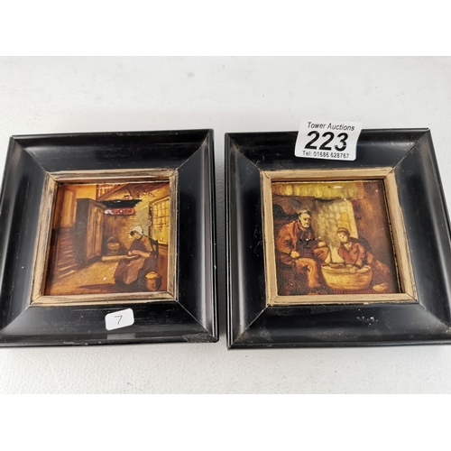 223 - Pair Of Ebony Framed Antique Dutch Hand Painted Tiles Dated Holland 1918