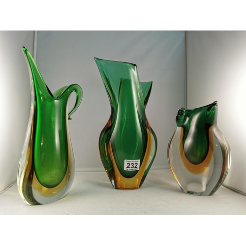 232 - Three Good Art Emerald & Amber Art Glass Vases, Nice Finish Marks To the Base