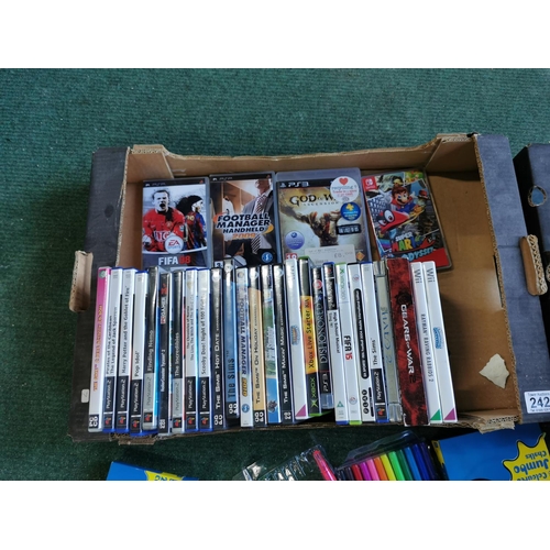 242 - Two Boxes Of Computer Game Inc PS3, X Box Etc & A Quantity Of Toys And Stationary