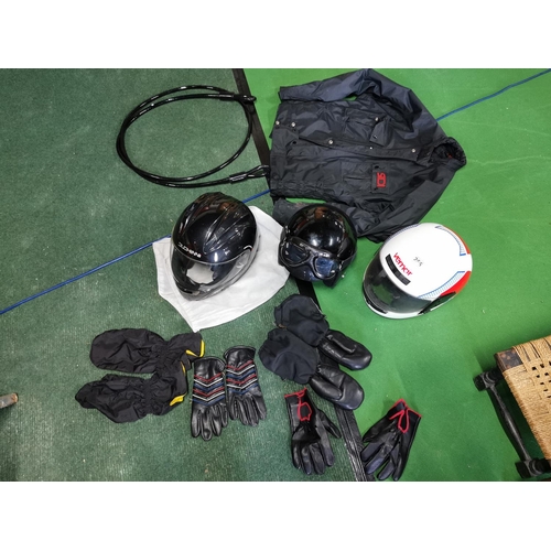 255 - Three Good Motorcyle Helmets, Quantity Of Gloves And Mits, Jacket And Masterlock Chain