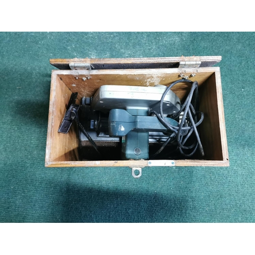 264 - Wooden Lockable Box Containing Proline 1150w Power Saw With Blades & Accessories