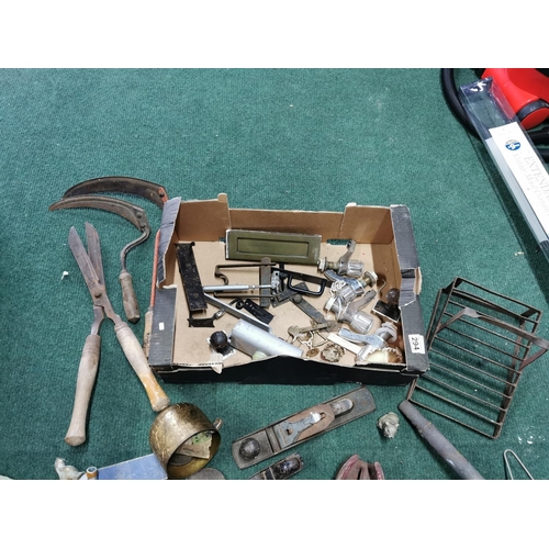 294 - Box Full Of Metal Ware Inc Three Wood Planers, Shoe Lasts, Door Hinges Etc