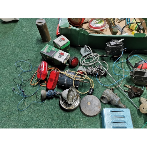 295 - Box Of Vintage Car Parts Etc Inc Two Landrover Series 1 Windscreen Wiper Motors, Various Vintage Car... 