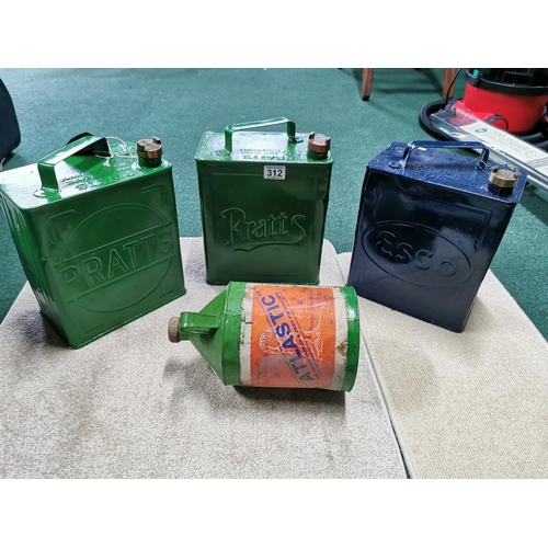 312 - Two Restored Pratts Fuel Cans And Esso Can All With Original Lids & Vintage Atlastic Can