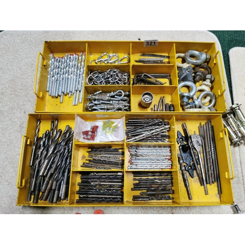 321 - Two Metal Organizing Trays Full Of Various Drill Bits, Car Fuses, Towing Eyes Hooks Inc Some Hliti D... 