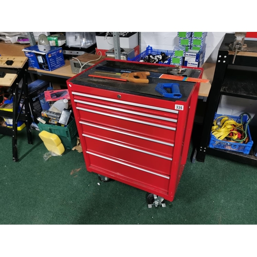 335 - Large Red Metal Tool Chest On Four Large Castors With Six Drawers Full Of Tools & Saws,