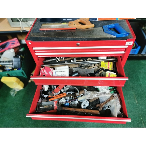 335 - Large Red Metal Tool Chest On Four Large Castors With Six Drawers Full Of Tools & Saws,