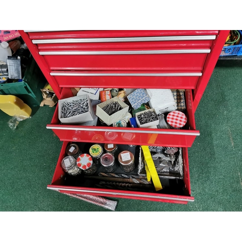 335 - Large Red Metal Tool Chest On Four Large Castors With Six Drawers Full Of Tools & Saws,