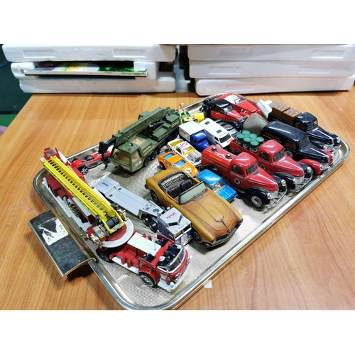 42 - Tray Of Vintage Diecast Cars Inc Set Texaco Trucks, Fire Engine Etc