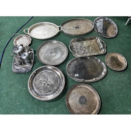 78 - Large Quantity Of Plated Trays Inc Two Good Galleried Trays And A Middle Eastern Tray