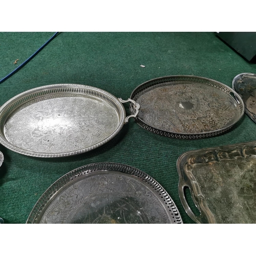 78 - Large Quantity Of Plated Trays Inc Two Good Galleried Trays And A Middle Eastern Tray