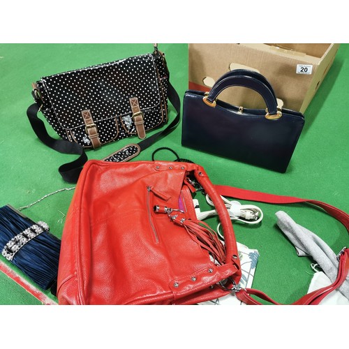 20 - Box Full Of Good Ladies Handbags, New Fiorelli, New Penata Clutch Bag And Dust Cover Etc