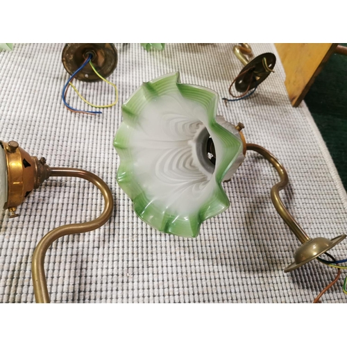 17 - Set Of Six Vintage French Brass Wall Lights With Good Green Glass Shades