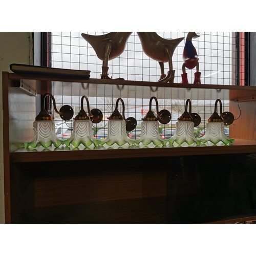 17 - Set Of Six Vintage French Brass Wall Lights With Good Green Glass Shades