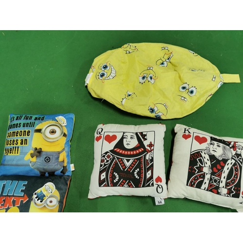 56 - Four As New Novelty Cushions And A Sponge Bob Empty Bean Bag
