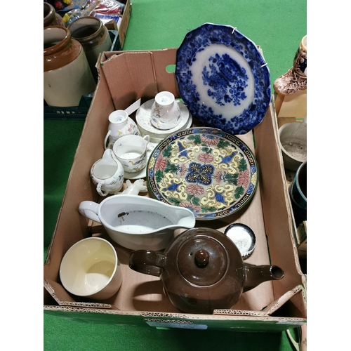 1 - Three boxes of odds inc good collectable china with Minton and Spode trio sets, a Coalport set etc (... 