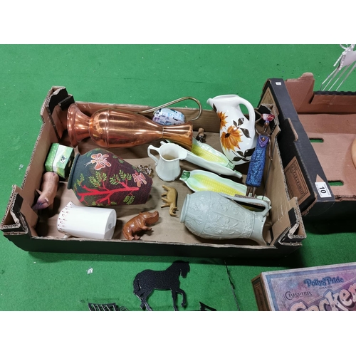 10 - Two boxes of odds inc new needlework footstool, weather vane, wine bottle holders etc (2)