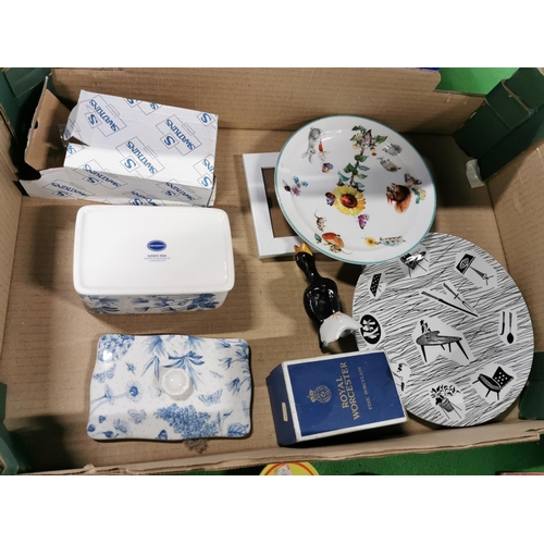 12 - Three boxes of odds inc green dinner set inc Denby teapot, Portmeirion Botanic blue pot, Nikon 16 me... 