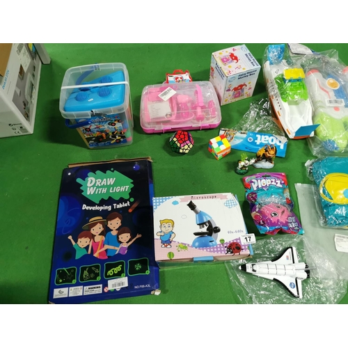 17 - Box full of new & sealed toys inc water guns, pack of foam pads, inflatable dinghy etc.