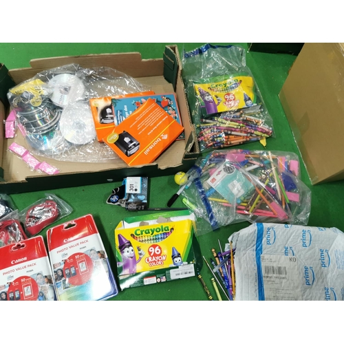 31 - A box full of stationery items inc Canon ink cartridges, laminator pouches, chalk markers, Crayons, ... 