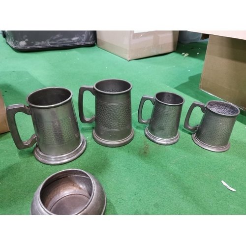 41 - Large quantity of pewter items inc pewter coffee set, graduated set, two tankards with clear glass b... 