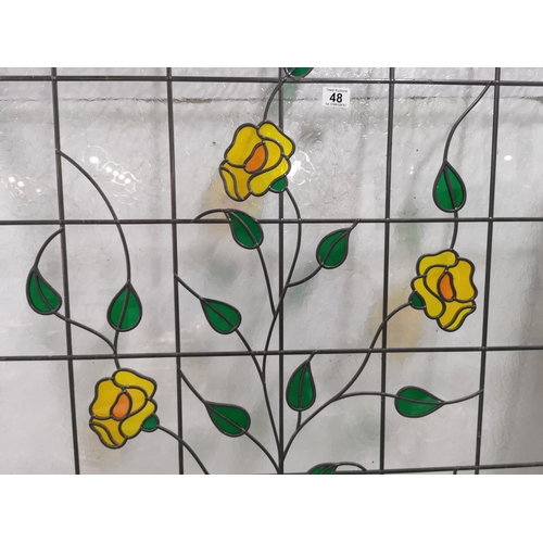 48 - Leaded stain glass double glazed window panel 118cm high by 93.5cm (small crack to bottom left windo... 