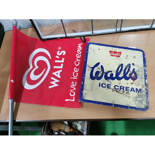 49 - Vintage enamel double sided Walls ice cream sign and a Walls ice cream flag