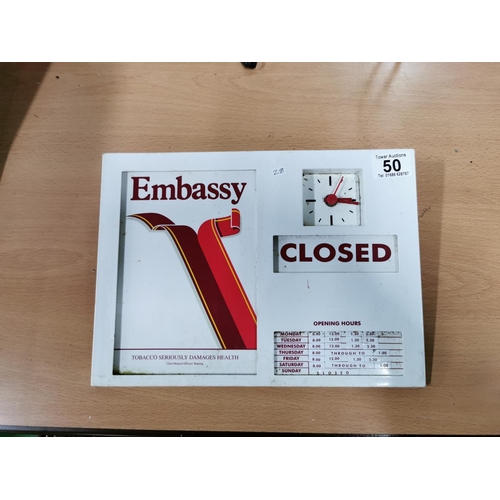 50 - Vintage Embassy shop sign with clock and open and closed function