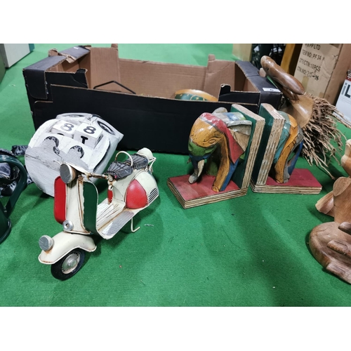 6 - Box of odds inc elephant book ends, tinplate Vespa etc