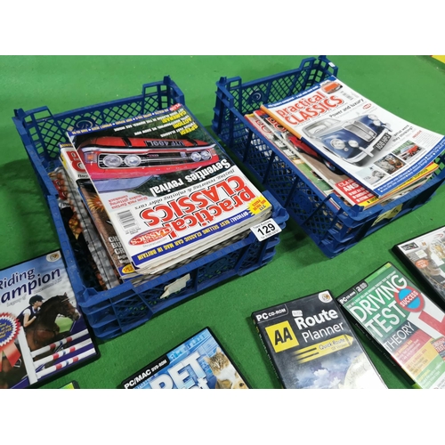 129 - Two blue crates full of Practical Classic magazines and a quantity of educational DVDs inc driving t... 