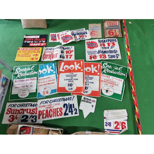 138 - Very large quantity of vintage shop advertising signs cleared from an old shop, in two boxes (2)