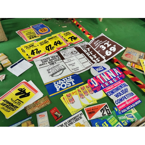 138 - Very large quantity of vintage shop advertising signs cleared from an old shop, in two boxes (2)