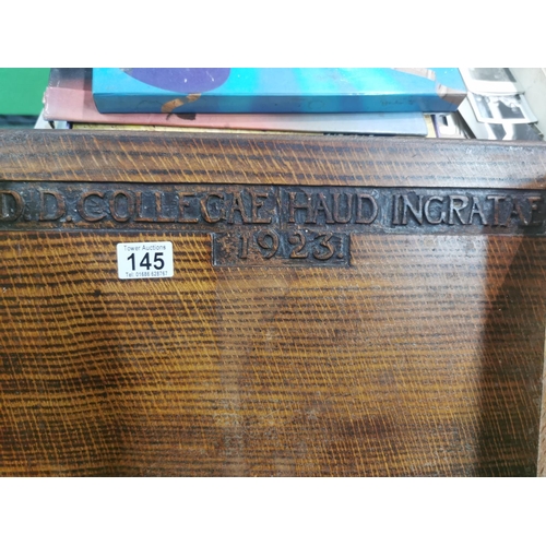 145 - Good solid oak lectern named D.D. Collegae Haud Ingartae 1923 carved to the front