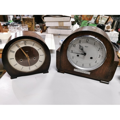 197 - Three mantel clocks an alarm clock and a complete movement with pendulum and key inc two complete sm... 