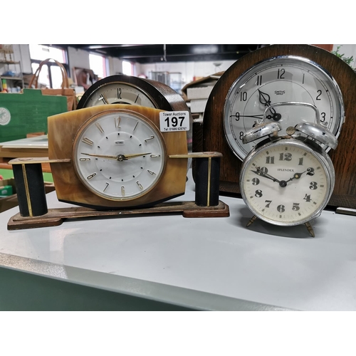 197 - Three mantel clocks an alarm clock and a complete movement with pendulum and key inc two complete sm... 