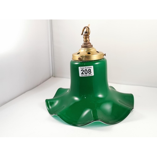 208 - Good vintage coolie green light shade with brass fittings and a white glass lined interior