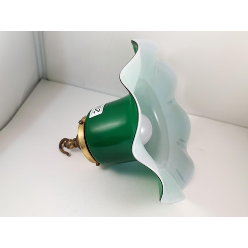 208 - Good vintage coolie green light shade with brass fittings and a white glass lined interior