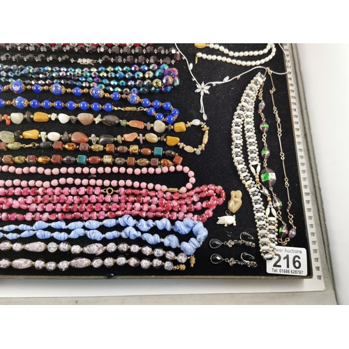 216 - Suit of good costume jewellery inc gemstone beaded necklaces, glass beaded necklaces, earrings, pend... 