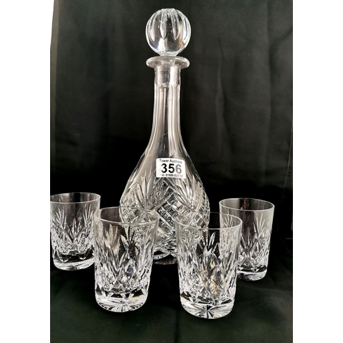 356 - Crystal cut decanter with matching glasses and crystal lidded ice jar