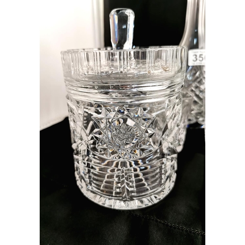 356 - Crystal cut decanter with matching glasses and crystal lidded ice jar