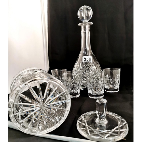 356 - Crystal cut decanter with matching glasses and crystal lidded ice jar