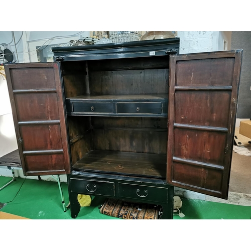 415 - Antique ebonized camphor wood Chinese wedding cabinet, brass fittings two doors and two internal dra... 