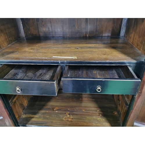 415 - Antique ebonized camphor wood Chinese wedding cabinet, brass fittings two doors and two internal dra... 